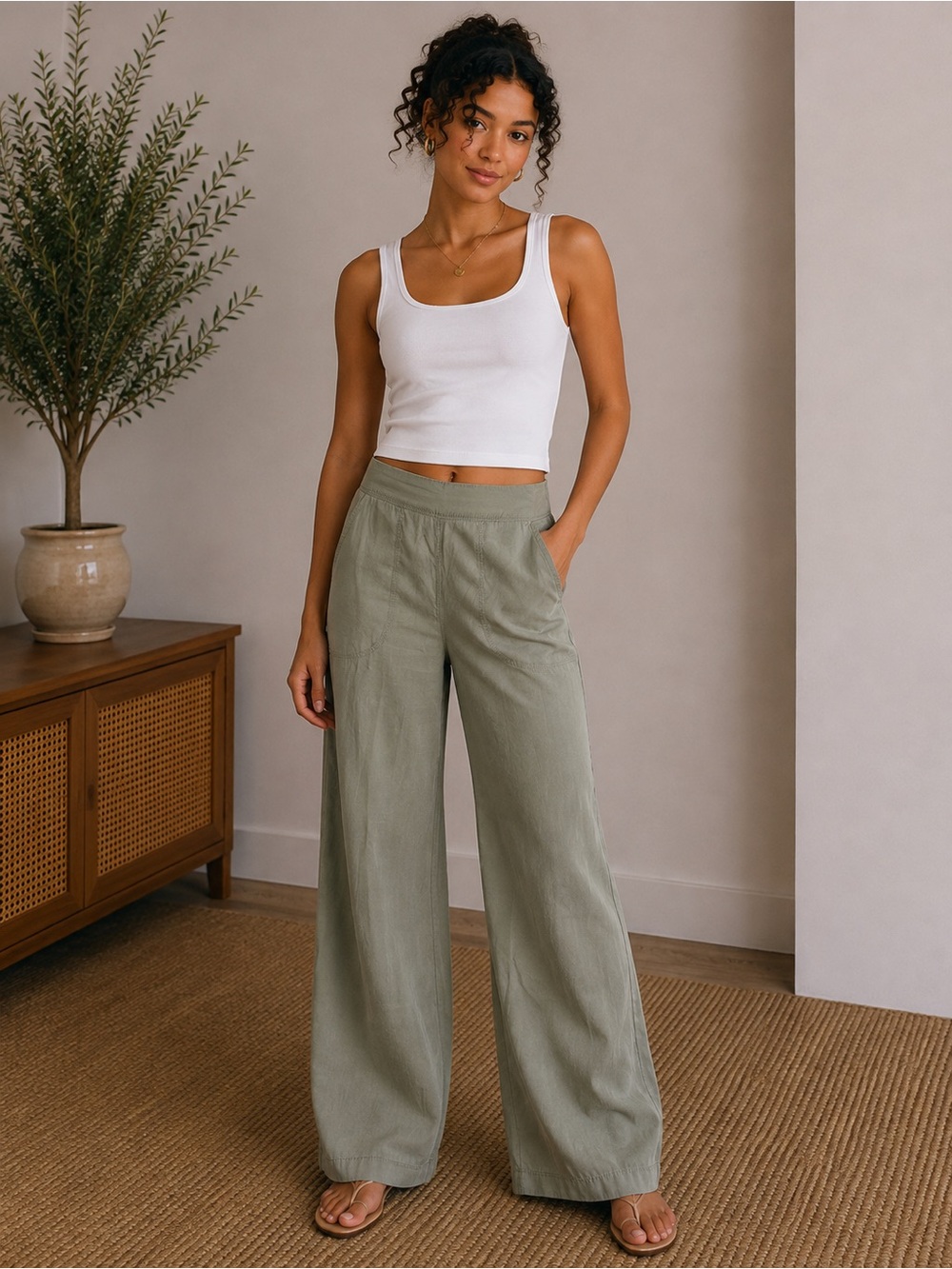 Max Studio Olive Green Wide Leg Pull-On Pants Size Small